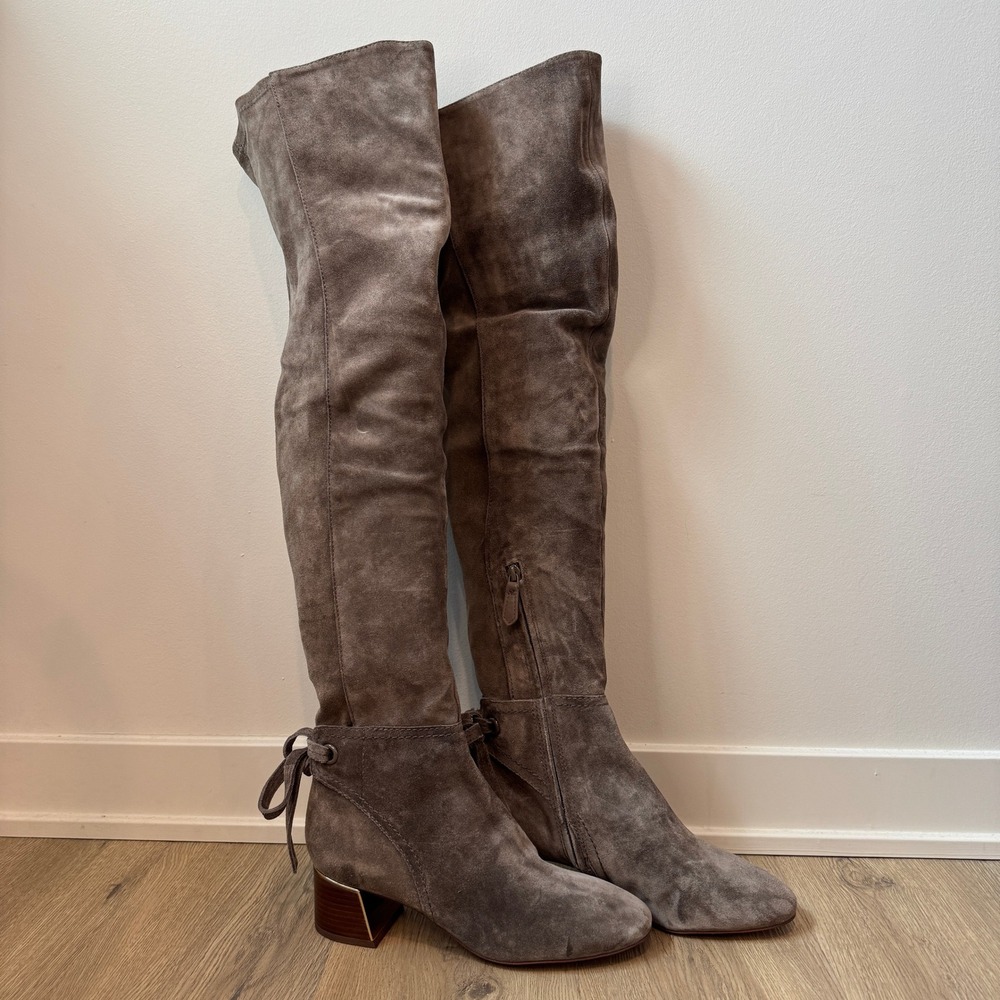 Tory Burch Laila Suede Over-The-Knee Boots Gray Suede Designer Logo Bows 8.5 EUC